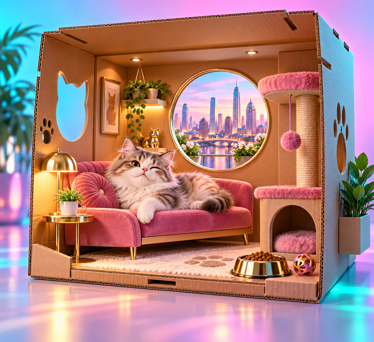 Коробка-квартира с диваном и когтеточкой